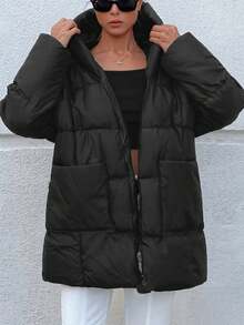 SHEIN Cottnline Drop Shoulder Hooded Puffer Coat - Black - View 6