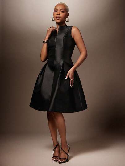 Vixey Solid Taffeta Structured Short Dress, Wedding Guest, Cocktail Hour, Special Occasion, Evening, Date Night, Little Black Dress