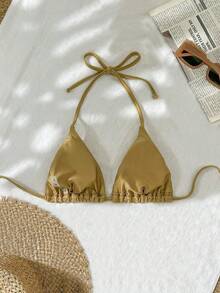 SHEIN Swim 纯色亮片纹理吊带三角罩杯性感比基尼上衣针织泳衣钩针比基尼套装钩针泳装女士三角比基尼上衣系带比基尼套装 - 卡其色 - 查看 2