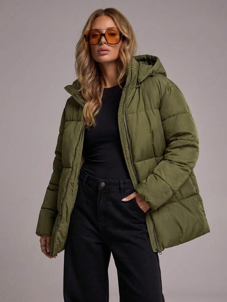 RueChic Women's Gray Hooded Padded Jacket - Army Green - View 1
