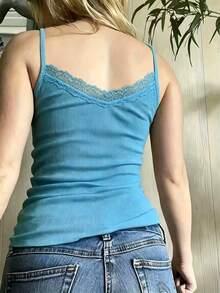 INAWLY 甜美蕾絲飾邊拼接女款細肩帶背心 - 水鴨藍 - 查看 2