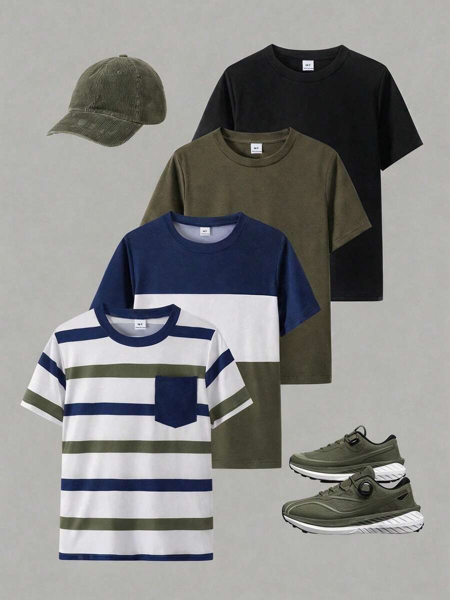 Casuvi Kids 4件組青少年條紋拼接色塊黑黃運動休閒百搭高CP值春夏T恤套裝 - 彩色 - 查看 1