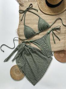 Costavie Women's Spring/Summer Jacquard Fabric Halter Neck Beaded Decor Bikini Set With Skirt Beach Party Olive Green Sexy Tropical - Army Green - View 2