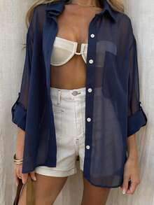 Vaclyn Women's Solid Color Semi-Transparent Fashion Versatile Long Sleeve Blouse - Navy Blue - View 3