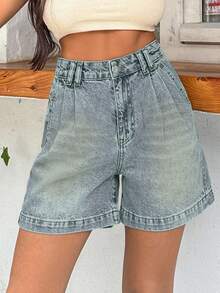 EURMUSE 100%Cotton HIGH WAIST PENS DETAILED STRAIGHT CUT SHORT - Light Wash - View 6