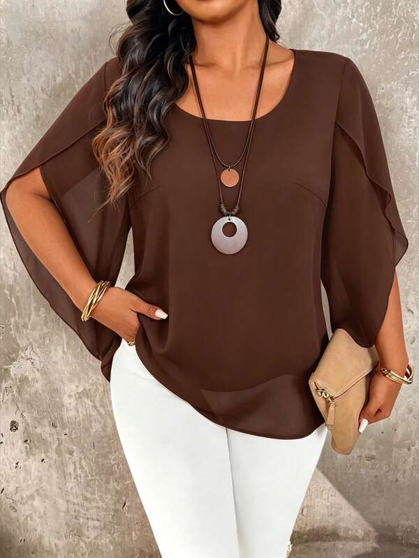 SHEIN LUNE Plus Size Women's Sheer Bell Sleeve Slimming Elegant Blouse