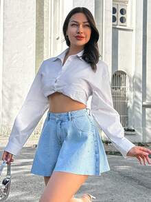 EURMUSE 100%Cotton MID WAIST DIAMOND DETAILED SHORT - Light Wash - View 5