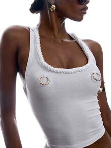 LYSMO Women's Lace-Up Backless Square Neck Solid Color Tank Top Club Night White Summer Sexy - White - View 6