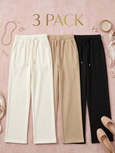 Set de 3 pantalones de pierna ancha para mujer, multicolor. Ajuste de cintura natural con resorte ligero, bolsillos funcionales. Colores lisos. Te llegarán 3 antalones en colores al azar.