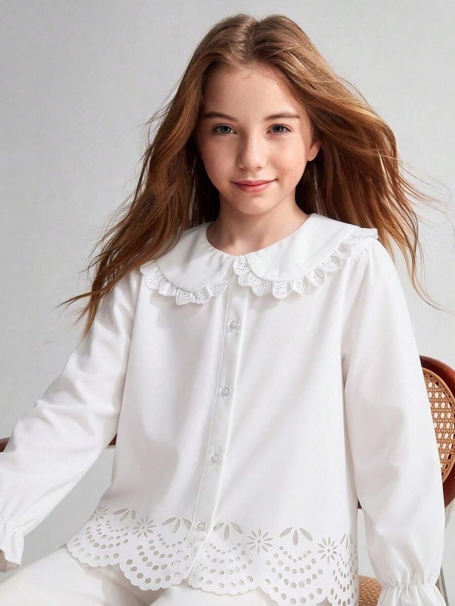 SHEIN 女童春秋新款優雅可愛蕾絲領開學季茶會公主風長袖鈕扣休閒襯衫白色上衣 - 白色 - 查看 1