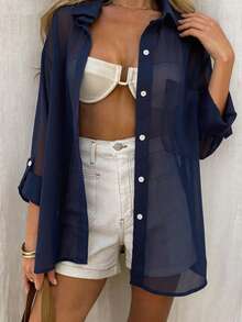 Vaclyn Women's Solid Color Semi-Transparent Fashion Versatile Long Sleeve Blouse - Navy Blue - View 4