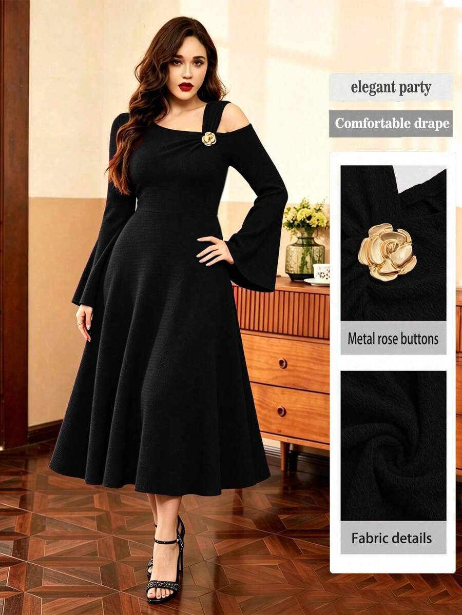 Auvina Vestido de fiesta elegante de talla grande para mujer, de unicolor, de punto acanalado, con hombro asimétrico, manga acampanada con volantes y silueta ajustada hasta el tobillo - Negro - Ver 1