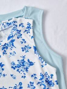 2pcs Girls Butterfly Pattern Dual-Tone Ribbed Bodycon Sleeveless Casual Street Style Dress Summer - Blue - View 6