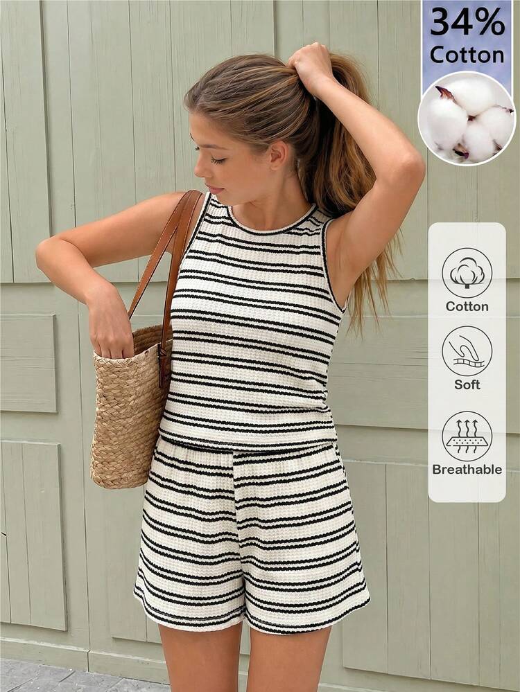 2pcs/Set Teen Girls Summer Striped Cropped Sleeveless Top + Shorts Set, Sweet & Spicy Style, No Fleece Design, Suitable For Parties And Summer Outings - Multicolor - View 3
