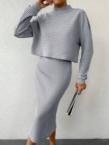 SHEIN Cottnline Plain Ribbed Knitted Casual Two-Piece Set - Grey - View 2