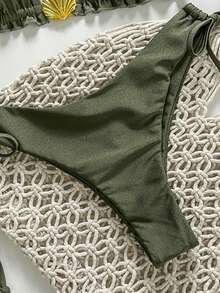 Swim Vcay Springbreak Women's Summer Solid Color Spaghetti Strap Metal Shell Decor Side Tie Minimalist Bikini Set - Army Green - View 7