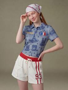 Elnivra Camiseta de manga corta de punto estampado azul marino para mujer - Neblina azul - Ver 5