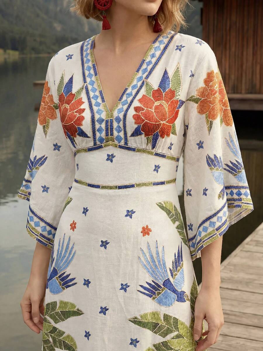 CAJUNI 女款時尚棕櫚樹與鸚鵡印花V領洋裝,適合海灘度假 - 彩色 - 查看 1