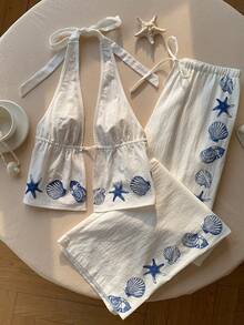 Comfortcana Conjunto de 2 piezas con elementos oceánicos, de tirantes y espalda descubierta, para mujer - Blanco - Ver 4