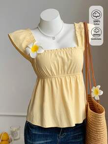 Comfortcana Pale Yellow Woven Women's Fitted Square Neck Vacation T-Shirt Picnic Going Out Everyday Date Party Summer Cute Tiki Romantic - Yellow - View 5