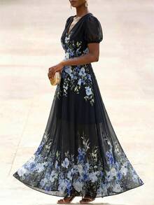 Velvienne Summer Gentle Style Floral Chiffon Deep V-Neck Design Plus Size Dress - Black - View 5