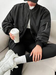 SHEIN Cottnline Zip Up Bomber Jacket For Autumn & Winter - Black - View 4