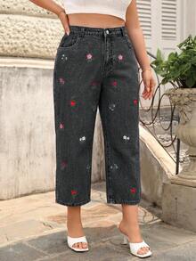 Breezaya Plus Size Women's Casual Non-Stretch Embroidered Cropped Jeans - Grey - View 3