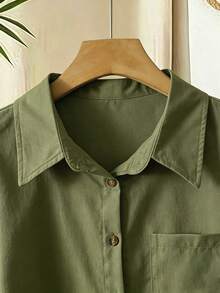 EMERY ROSE Solid Color Short Sleeve Pocket Casual Vacation Shirt - Army Green - View 4