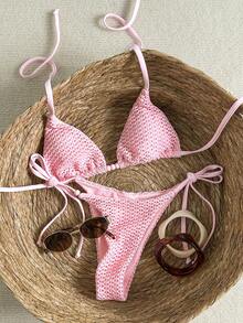 Swim Mod Women's Spring/Summer Textured Fabric Halter Neck Beaded Bikini Set - Pink - View 2