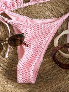 Swim Mod Women's Spring/Summer Textured Fabric Halter Neck Beaded Bikini Set - Pink - View 5