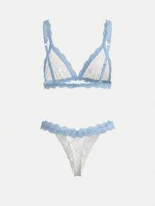 lacRébo Romantic Lingerie Set In Ecru And Pastel Blue Lace Cute Chic Sexy See Through Lingerie Set - Apricot - View 7