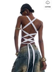 LYSMO Women's Lace-Up Backless Square Neck Solid Color Tank Top Club Night White Summer Sexy - White - View 1