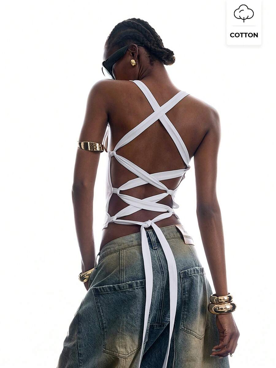 LYSMO Women's Lace-Up Backless Square Neck Solid Color Tank Top Club Night White Summer Sexy - White - View 1