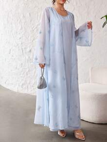 Yasmyna Elegant Organza Butterfly Embroidered Long Sleeve Vest Dress Abaya For Women - Blue - View 6
