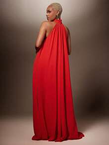 Vixey Elegant Chiffon Bow Tie Halter Neck A Line Maxi Statement Dress, Wedding Guest, Cocktail Hour, Special Occasion, Evening, Date Night - Red - View 5
