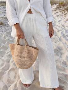 Vaclyn Women's Spring Straight Leg Pants With Pockets, Casual Vacation Style - White - View 5