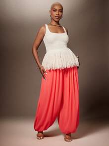 Vixey Chiffon Elastic Waistband Volume Bubble Hem Pants, Wedding Guest, Cocktail, Special Occasion, Figure-Flattering - Pink - View 2