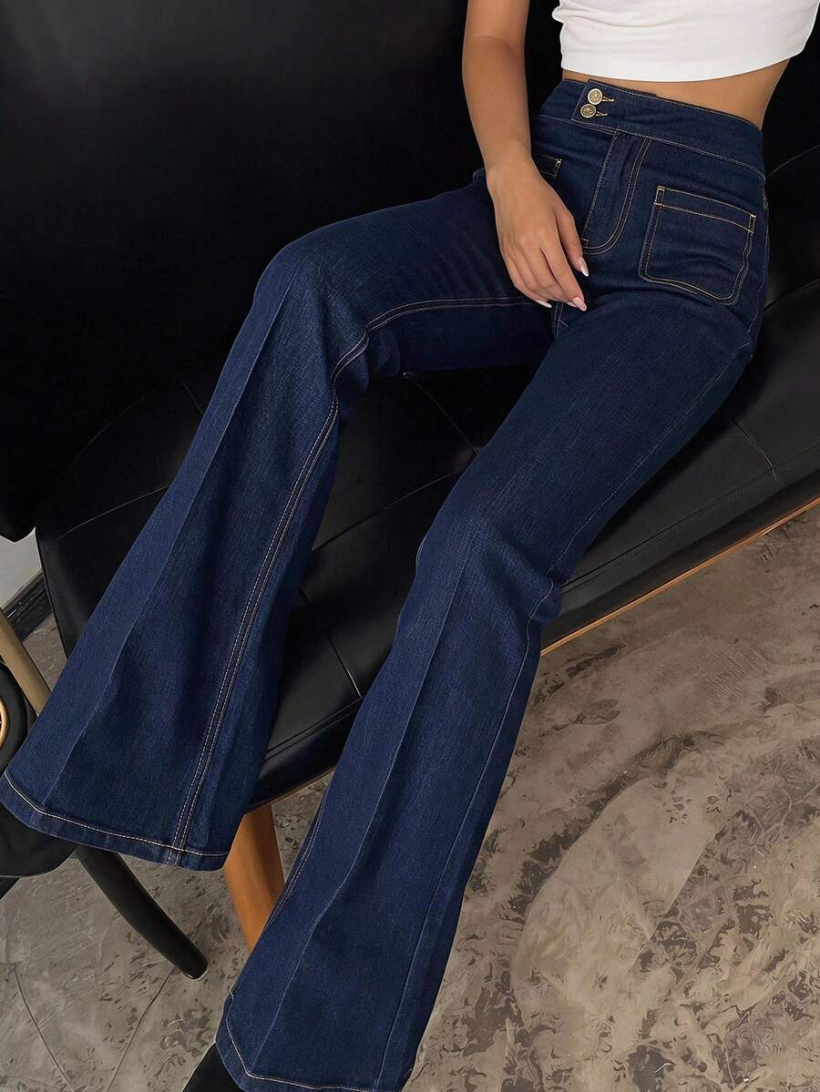DAZY Women's Comfortable Elegant Flared Leg Jeans, Summer New Design Low Rise Jeans - Blue - View 1
