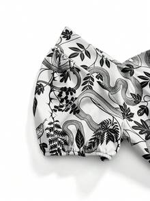 ROMWE White Black Snake Vine Leaf Print Low Neckline Luxurious 70's Roaring 20s Vintage Gothic Court Style Plus Size Dress Halloween Night Party Summer - Black - View 3