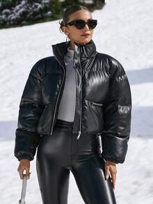 RueChic Stand Neck Double Metal Zipper Drawstring Hem Faux Leather Puffer Down Jacket - Black - View 2