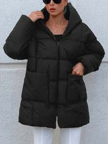 SHEIN Cottnline Drop Shoulder Hooded Puffer Coat - Black - View 7