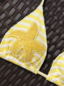 Swim SXY 夏季新款多色淡黃色紋理布料海洋海星裝飾直筒褲掛脖綁帶海灘度假女款2件式泳衣套裝 - 彩色 - 查看 4