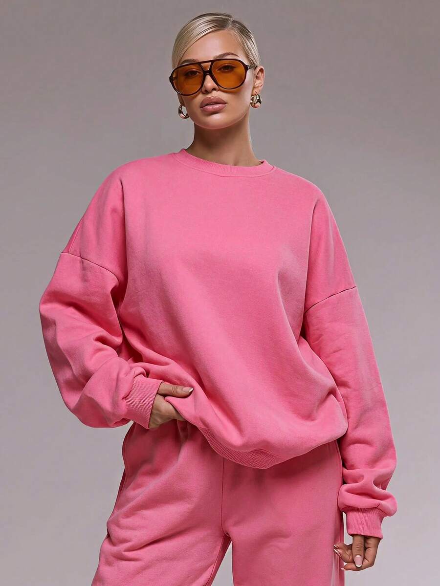 RueChic Solid Mock Neck Drop Shoulder Pullover - Pink - View 1