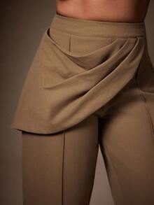 Vixey 高腰垂墜百褶腰帶拼接細節筒褲 - 駝色 - 查看 3