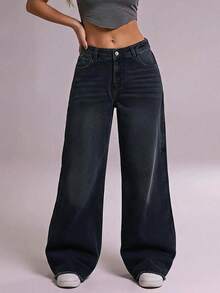 RueChic LOW WAIST WIDELEG RAW EDGE DETAIL AND CUTLINE ON SIDE SEAM - Black - View 1