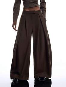 LYSMO 2026 New Arrive Minimalism Women's Solid Color Zipper Fly Pleated Casual Wide Leg Suit Pants Work Outfits For Women - Coffee Brown - View 5