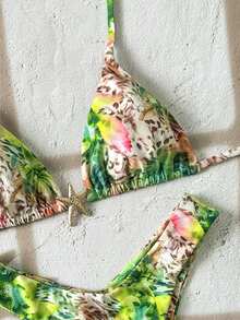 Swim Vcay Spring/Summer Women's Random Print Halter Neck Metal Decor High Cut Bikini Set - Multicolor - View 5
