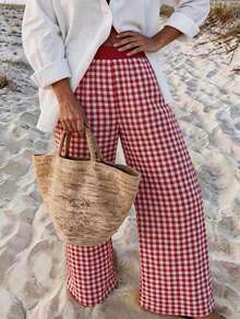 Vaclyn Women's Casual Vacation Style Wide Leg Long Pants - Red - View 3