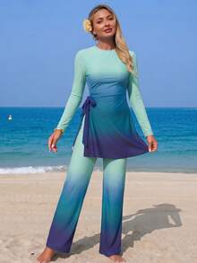 Swim Mulvari Turquoise Gradient Loose Two Pieces Set, Gradient Design Wide Leg Pants, Flattering Slimming Slouchy Outfit Beach Summer Modest - Multicolor - View 4