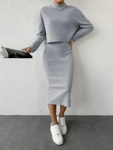 SHEIN Cottnline Plain Ribbed Knitted Casual Two-Piece Set - Grey - View 4